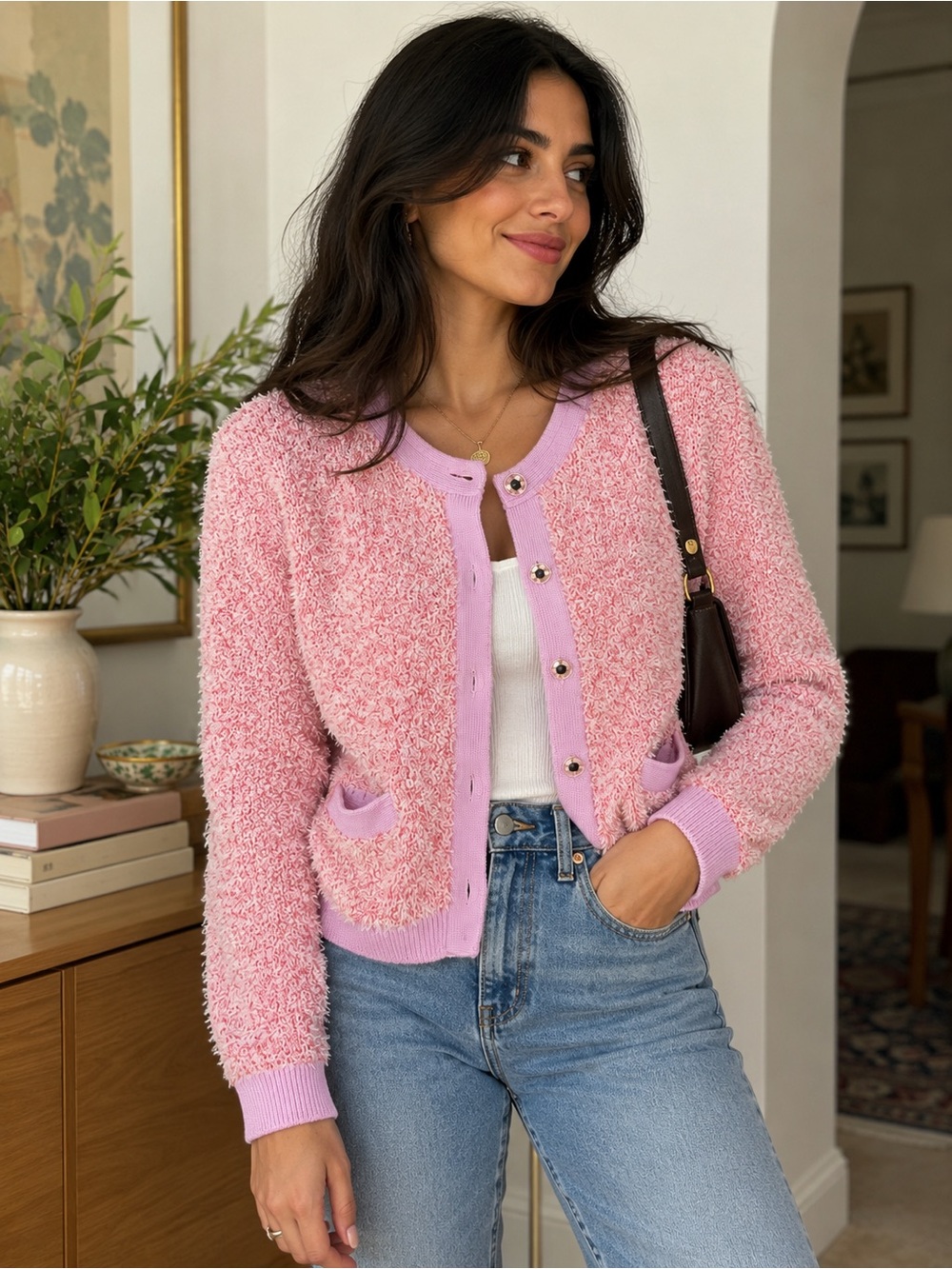 Kate Spade Pink Bouclé Textured Cardigan Sweater Size L